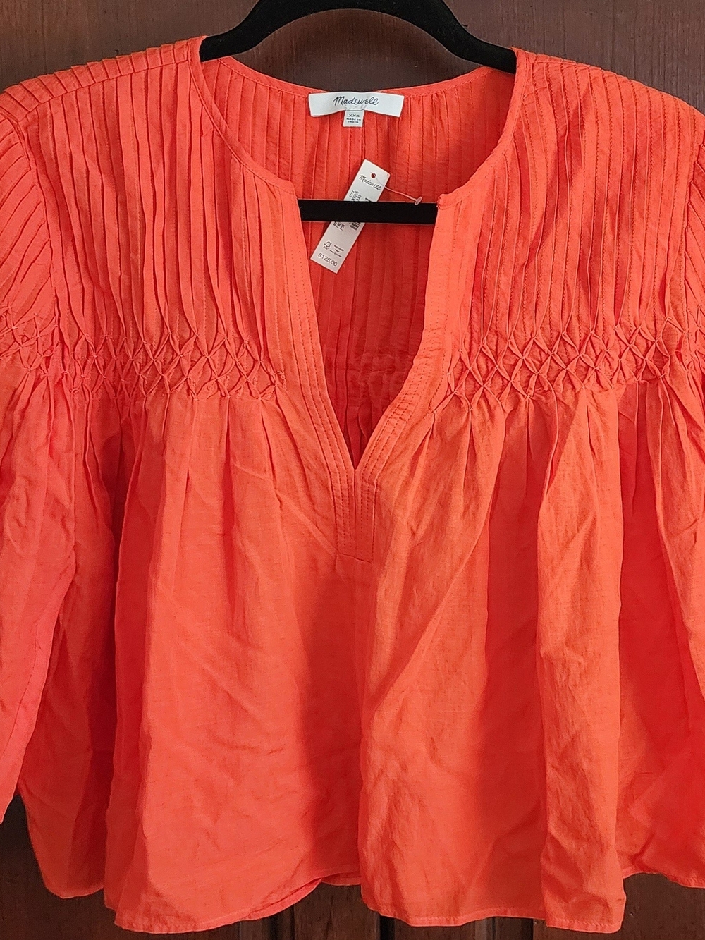 Madewell Women's Orange Smocked Peasant Top, NWT